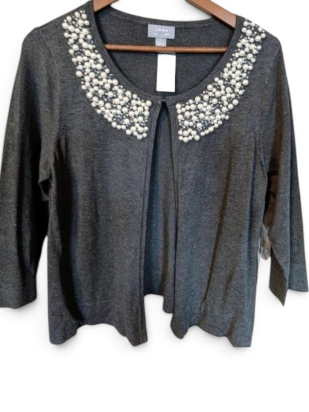 NWT Jana Womens Pearl Neck Cardigan Sweater Large Gray Embellished